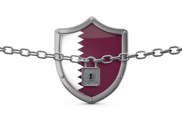 Conceito de bloqueio do Qatar. Escudo com trava e corrente. Renderização 3D — Fotografia de Stock