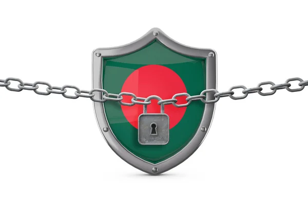 Μπαγκλαντές έννοια αποκλεισμού. Ασπίδα με κλειδαριά και αλυσίδα. 3D αποτύπωση — Φωτογραφία Αρχείου