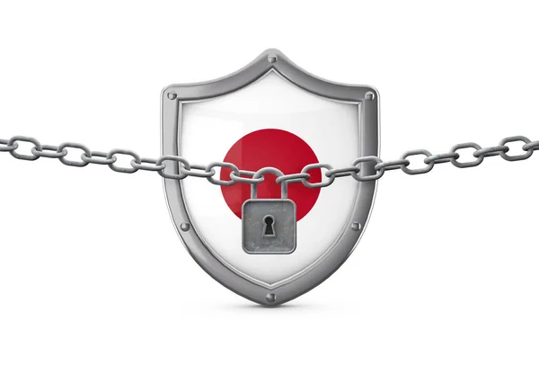 Σχέδιο αποκλεισμού της Ιαπωνίας. Ασπίδα με κλειδαριά και αλυσίδα. 3D αποτύπωση — Φωτογραφία Αρχείου