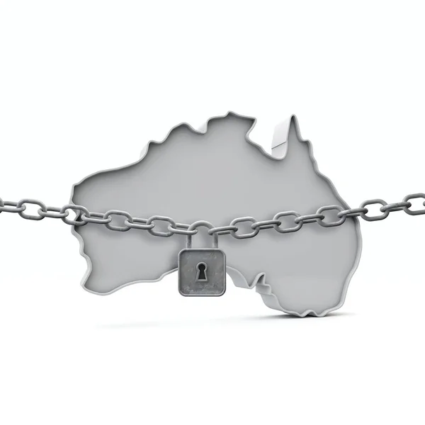 Australien Lockdown-Konzept. Karte mit Schloss und Kette. 3D Render — Stockfoto