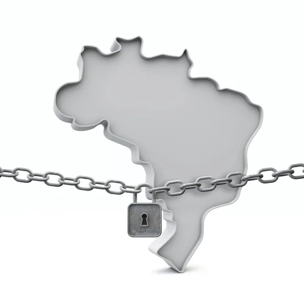Brazília lezárási koncepciója. Térkép zárral és lánccal. 3D Render — Stock Fotó