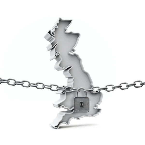 Concepto de bloqueo del Reino Unido. Mapa con cerradura y cadena. Renderizado 3D — Foto de Stock