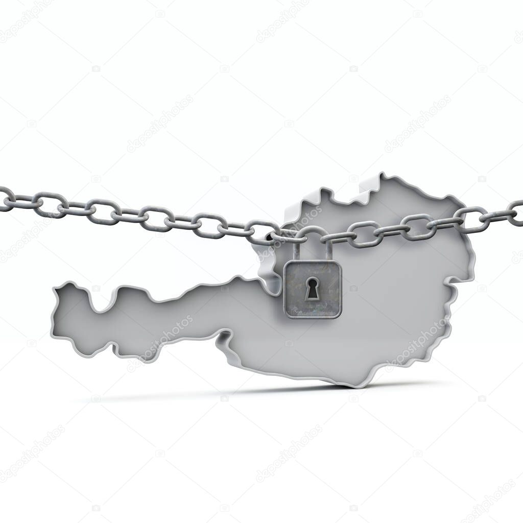 Austria lockdown concept. Map with lock and chain. 3D Render