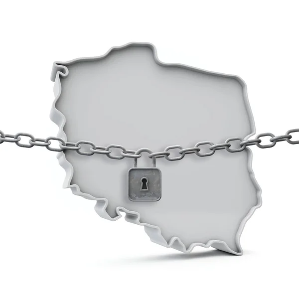 Conceito de bloqueio da Polónia. Mapa com cadeado e corrente. Renderização 3D — Fotografia de Stock