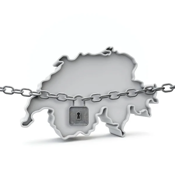 Σχέδιο κλειδώματος Ελβετίας. Χάρτης με κλειδαριά και αλυσίδα. 3D αποτύπωση — Φωτογραφία Αρχείου
