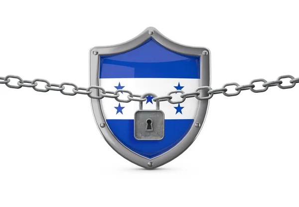 Conceito de bloqueio de Honduras. Escudo com trava e corrente. Renderização 3D — Fotografia de Stock