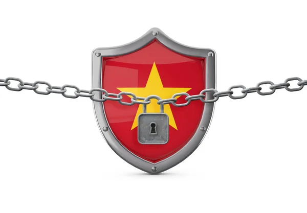 Conceito de bloqueio do Vietname. Escudo com trava e corrente. Renderização 3D — Fotografia de Stock