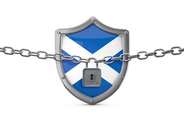 Σχέδιο αποκλεισμού της Σκωτίας. Ασπίδα με κλειδαριά και αλυσίδα. 3D αποτύπωση — Φωτογραφία Αρχείου