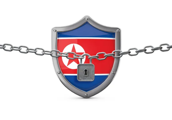 Έννοια αποκλεισμού της Βόρειας Κορέας. Ασπίδα με κλειδαριά και αλυσίδα. 3D αποτύπωση — Φωτογραφία Αρχείου