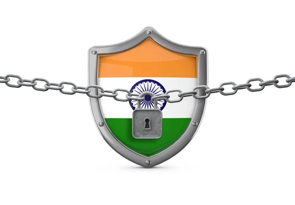 Concepto de bloqueo de India. Escudo con candado y cadena. Renderizado 3D —  Fotos de Stock