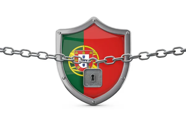 Σχέδιο κλειδώματος Πορτογαλίας. Ασπίδα με κλειδαριά και αλυσίδα. 3D αποτύπωση — Φωτογραφία Αρχείου