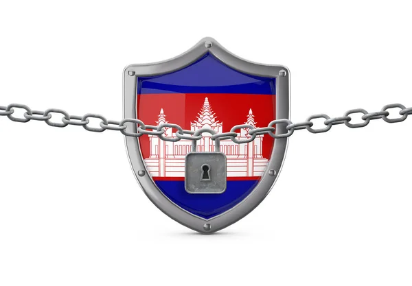 Σχέδιο αποκλεισμού της Καμπότζης. Ασπίδα με κλειδαριά και αλυσίδα. 3D αποτύπωση — Φωτογραφία Αρχείου