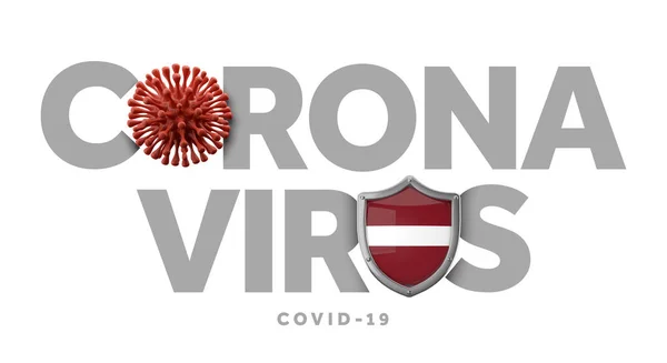 Lettland Coronavirus-Konzept mit Mikrobe und Schild. 3D Render — Stockfoto
