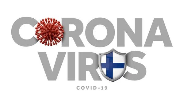 Finský koncept koronaviru s mikrobem a štítem. 3D vykreslení — Stock fotografie