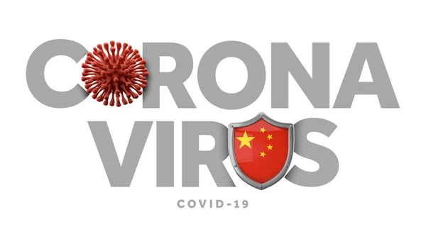 Čínská koncepce koronaviru s mikrobem a štítem. 3D vykreslení — Stock fotografie