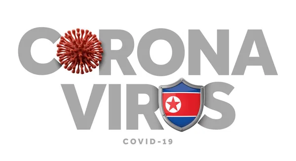 Koncepcja północnokoreańskiego koronawirusu z mikrobem i tarczą. Renderowanie 3D — Zdjęcie stockowe