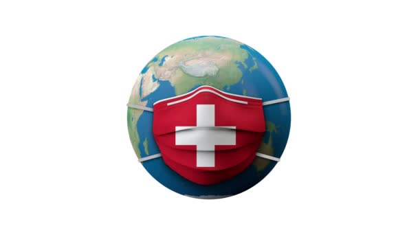 Suiza bandera protección máscara médica zona de cuarentena. Renderizado 3D — Vídeos de Stock