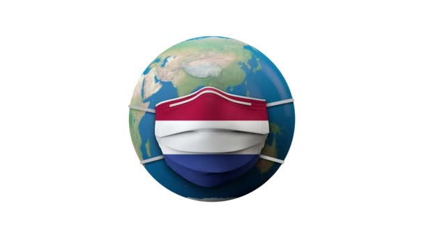 Bandeira holandesa proteção zona de quarentena máscara médica. Renderização 3D — Vídeo de Stock