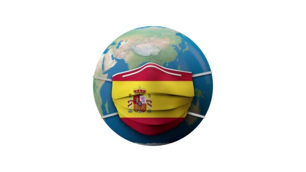 Spanje vlag beschermende medische masker quarantaine zone. 3D-weergave — Stockvideo