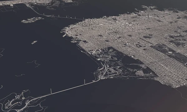 Mapa de la ciudad de San Francisco 3D Rendering. Vista aérea por satélite . — Foto de Stock