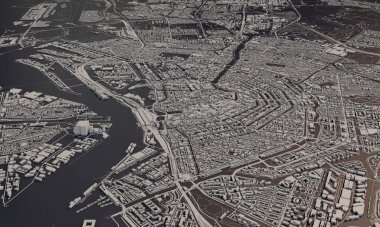 Amsterdam, Hollanda şehir haritası 3D. Hava uydu görüntüsü.