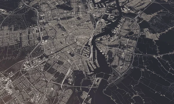 Amsterdam, Países Bajos mapa de la ciudad 3D Rendering. Vista aérea por satélite . — Foto de Stock