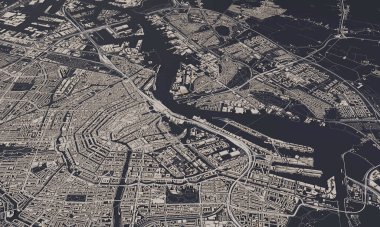 Amsterdam, Hollanda şehir haritası 3D. Hava uydu görüntüsü.