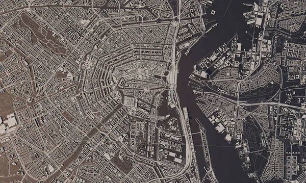 阿姆斯特丹，荷兰城市地图3D渲染。航空卫星视图. — 图库照片