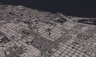 Barselona, İspanya şehir haritası 3D görüntüleme. Hava uydu görüntüsü.