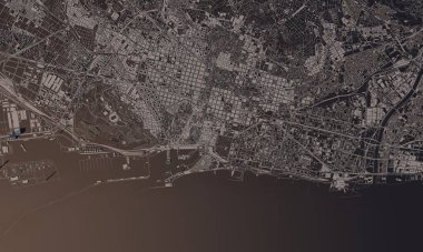 Barselona, İspanya şehir haritası 3D görüntüleme. Hava uydu görüntüsü.
