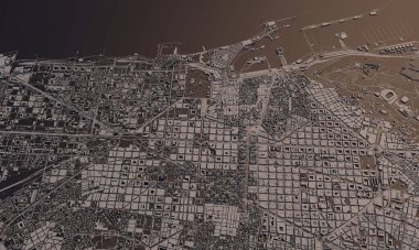 Barselona, İspanya şehir haritası 3D görüntüleme. Hava uydu görüntüsü.