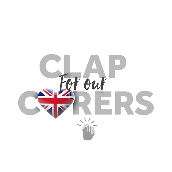 Clap para cuidadores mensagem com bandeira do coração do Reino Unido. Renderização 3D — Fotografia de Stock