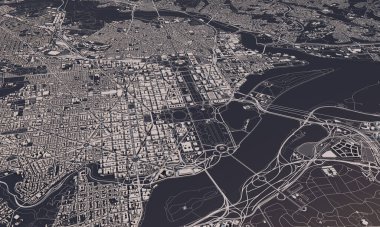 Washington DC şehir haritası 3D görüntüleme. Hava uydu görüntüsü.