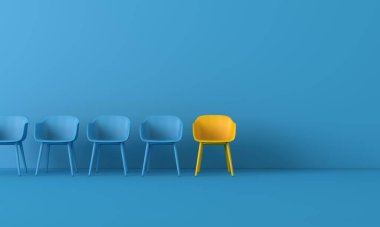 Kalabalığın arasında duran sarı sandalye. İş konsepti. 3B görüntüleme