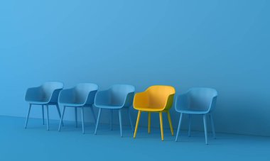 Kalabalığın arasında duran sarı sandalye. İş konsepti. 3B görüntüleme