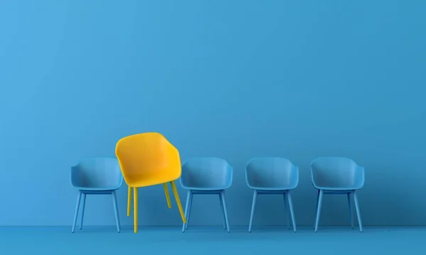 Sárga szék áll ki a tömegből. Üzleti koncepció. 3D renderelés — Stock Fotó