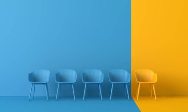 Kalabalığın arasında duran sarı sandalye. İş konsepti. 3B görüntüleme