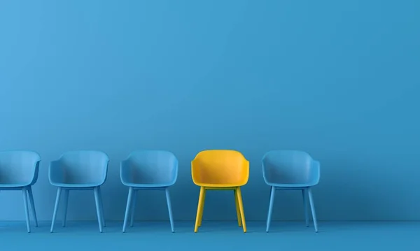 Kalabalığın arasında duran sarı sandalye. İş konsepti. 3B görüntüleme — Stok fotoğraf
