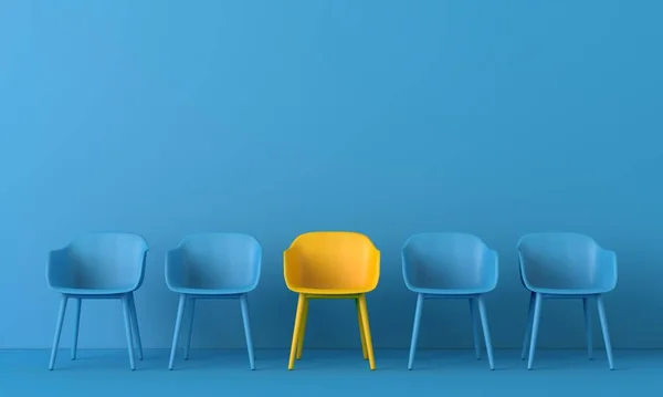 Sárga szék áll ki a tömegből. Üzleti koncepció. 3D renderelés — Stock Fotó