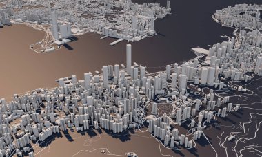 Hong Kong şehir haritası 3D görüntüleme. Hava uydu görüntüsü.