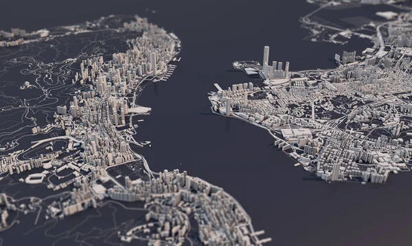 Hong Kong mapa da cidade 3D Rendering. Vista aérea por satélite . — Fotografia de Stock