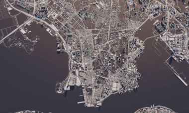 Hong Kong şehir haritası 3D görüntüleme. Hava uydu görüntüsü.