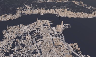 Hong Kong şehir haritası 3D görüntüleme. Hava uydu görüntüsü.