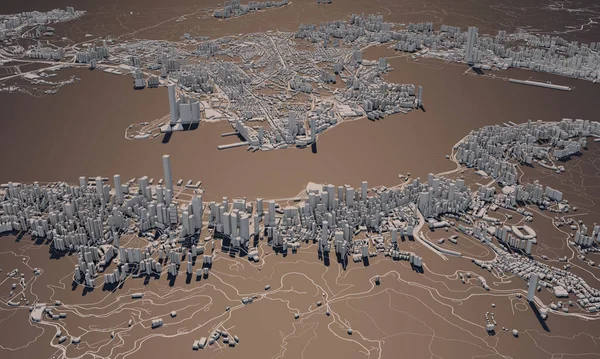 Hong Kong mapa de la ciudad 3D Rendering. Vista aérea por satélite . — Foto de Stock