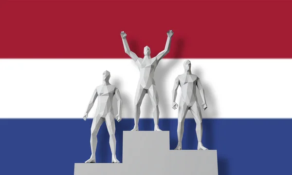 Vítěz Nizozemska.Lidé stáli na vítězném pódiu a oslavovali. 3D vykreslení — Stock fotografie