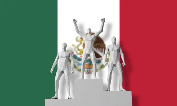 Ganador de México. La gente se paró en un podio de ganadores celebrando. Renderizado 3D — Foto de Stock