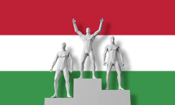 Νικητής της Ουγγαρίας. Ο κόσμος στεκόταν σε ένα βάθρο νικητών γιορτάζοντας. 3D αποτύπωση — Φωτογραφία Αρχείου