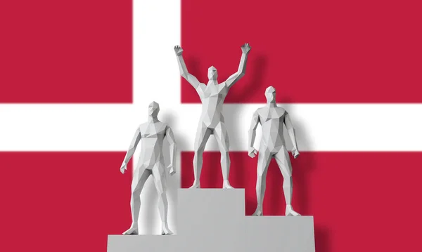 丹麦获奖者。人们站在获奖者讲台上庆祝。3D渲染 — 图库照片