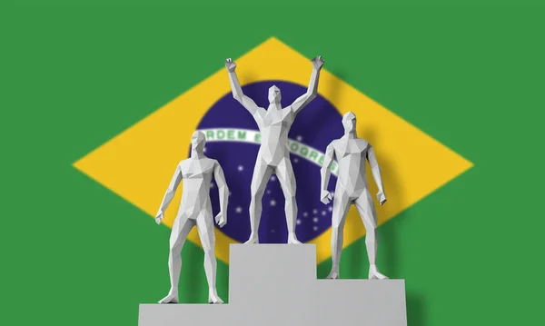 Vincitore brasiliano.La gente si è alzata sul podio dei vincitori celebrando. Render 3D — Foto Stock