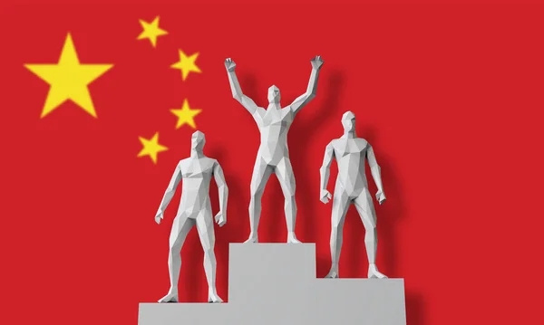 China winner.People stood on a winners podium celebrating. 3D Render — Stock Photo, Image